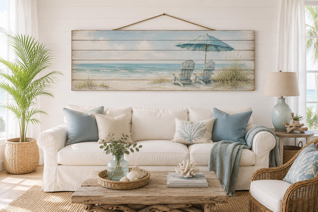 Coastal Wood Wall Art – Two Adirondack Chairs & Beach Umbrella Ocean Scene for Beach House Decor