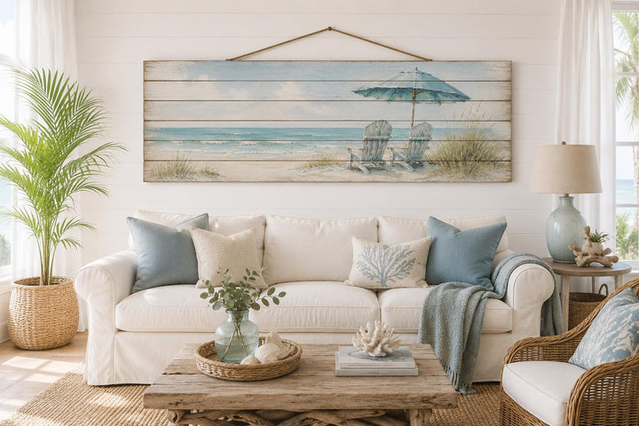Coastal Wood Wall Art – Two Adirondack Chairs & Beach Umbrella Ocean Scene for Beach House Decor