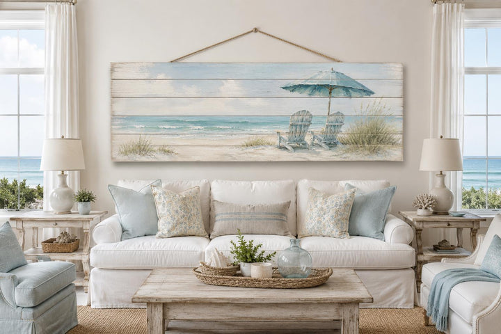 Coastal Wood Wall Art – Two Adirondack Chairs & Beach Umbrella Ocean Scene for Beach House Decor