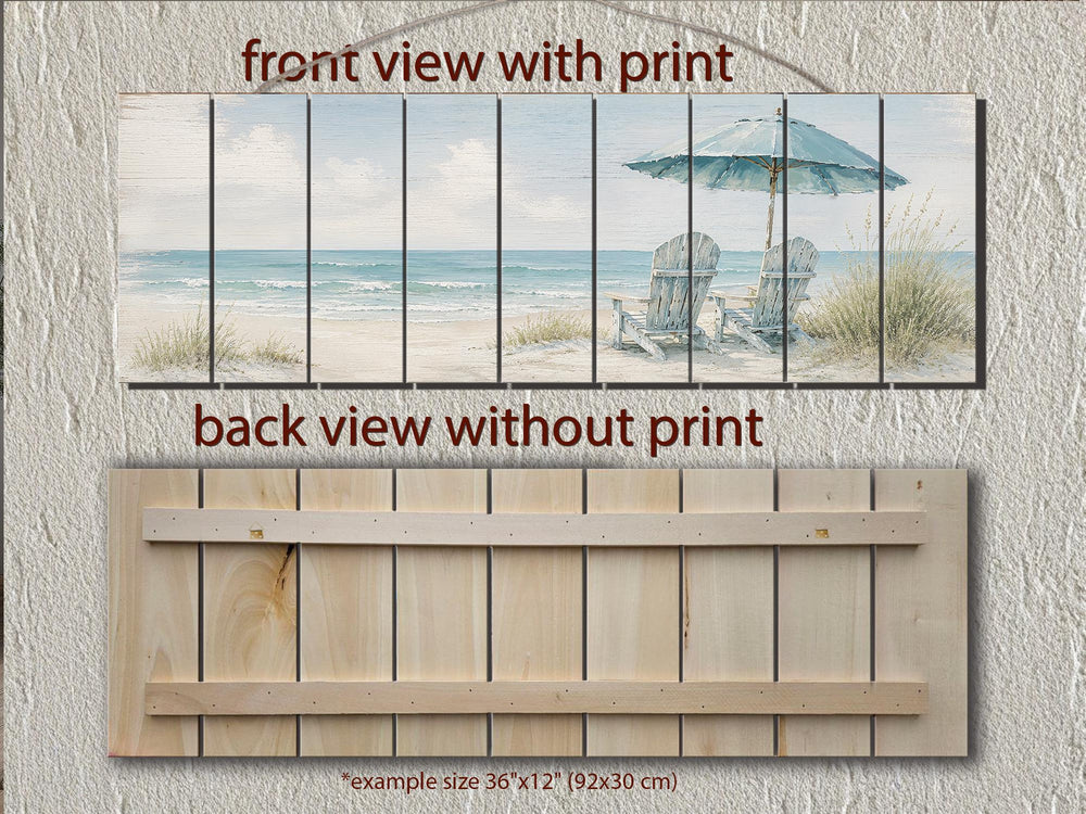 Coastal Wood Wall Art – Two Adirondack Chairs & Beach Umbrella Ocean Scene for Beach House Decor