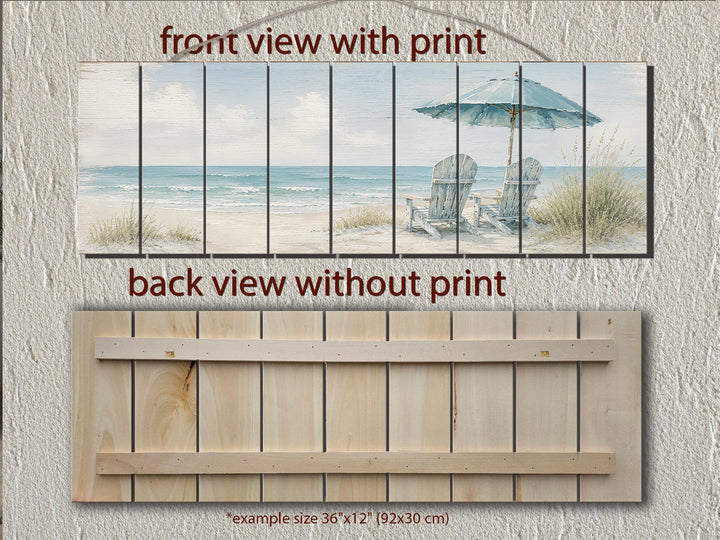 Coastal Wood Wall Art – Two Adirondack Chairs & Beach Umbrella Ocean Scene for Beach House Decor