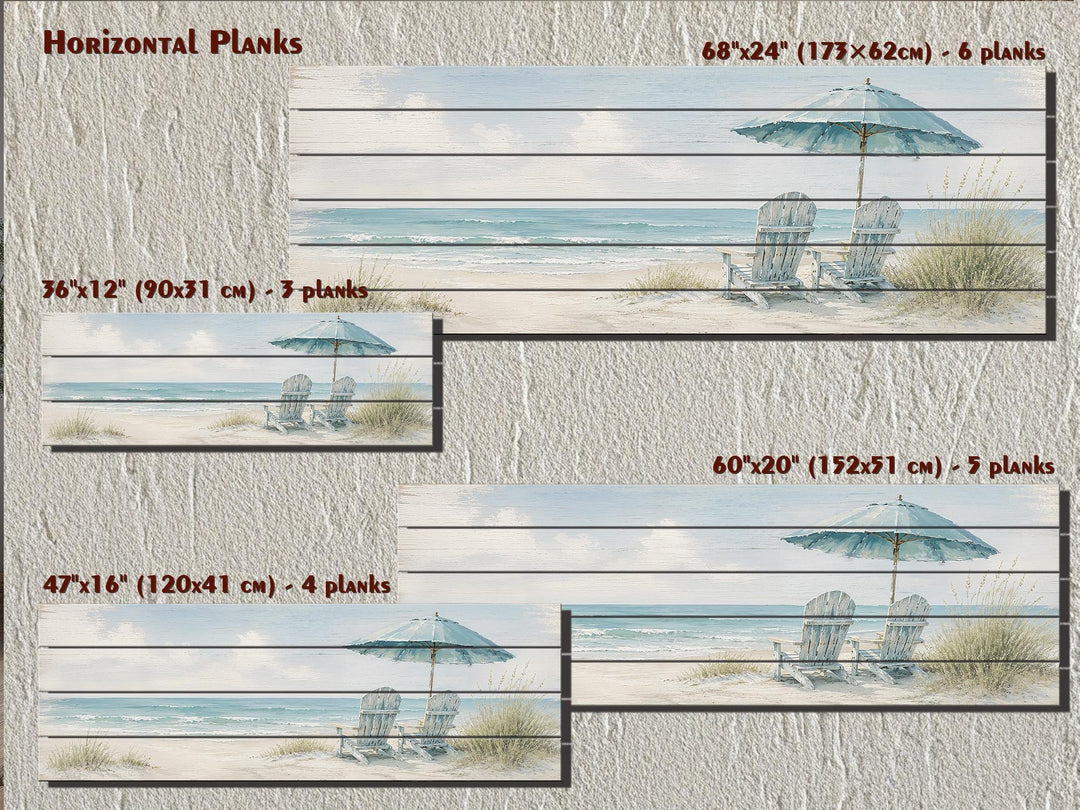 Coastal Wood Wall Art – Two Adirondack Chairs & Beach Umbrella Ocean Scene for Beach House Decor