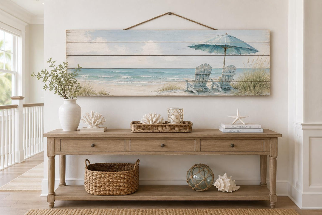 Coastal Wood Wall Art – Two Adirondack Chairs & Beach Umbrella Ocean Scene for Beach House Decor