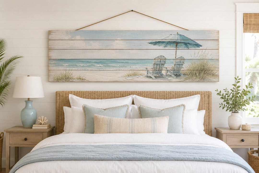 Coastal Wood Wall Art – Two Adirondack Chairs & Beach Umbrella Ocean Scene for Beach House Decor