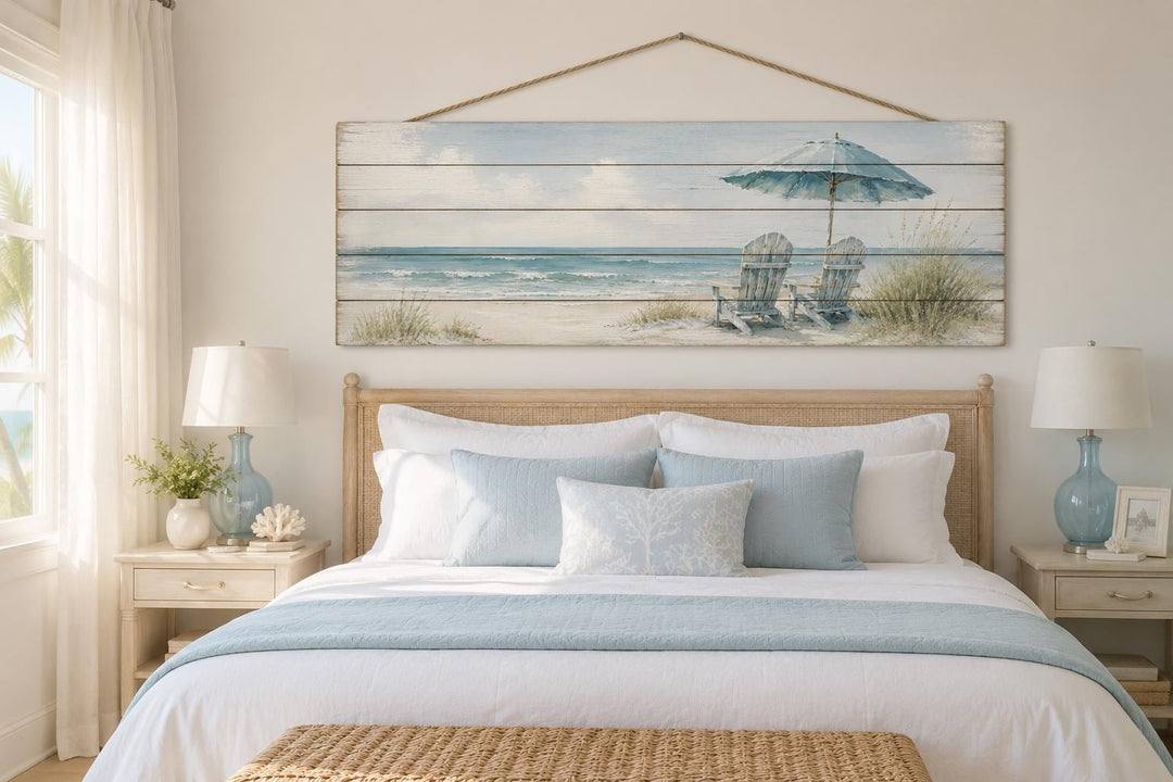 Coastal Wood Wall Art – Two Adirondack Chairs & Beach Umbrella Ocean Scene for Beach House Decor