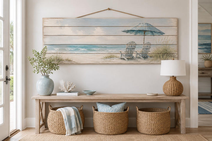 Coastal Wood Wall Art – Two Adirondack Chairs & Beach Umbrella Ocean Scene for Beach House Decor