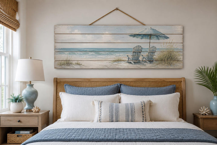 Coastal Wood Wall Art – Two Adirondack Chairs & Beach Umbrella Ocean Scene for Beach House Decor