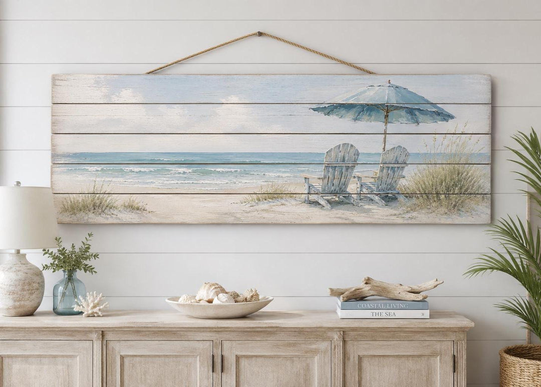 Coastal Wood Wall Art – Two Adirondack Chairs & Beach Umbrella Ocean Scene for Beach House Decor