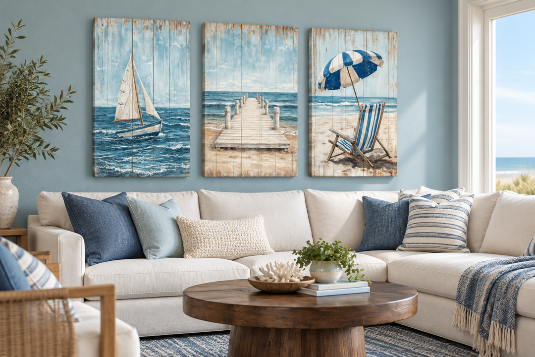 Set of 3 coastal wall art prints featuring a sailboat, a wooden pier, and a beach umbrella.