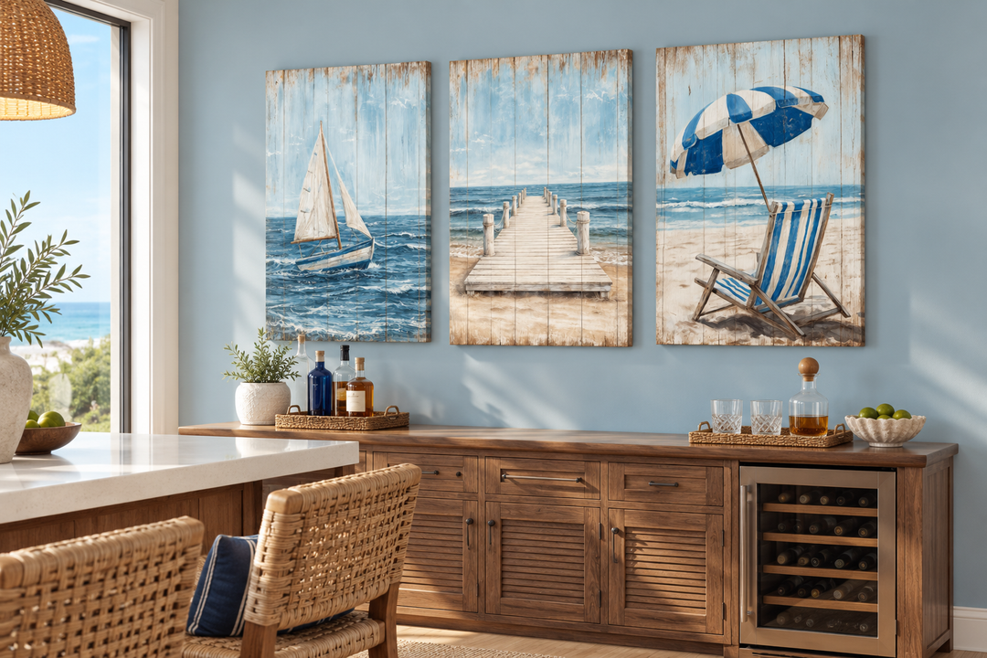 Coastal wall art set of 3 nautical canvas prints with a sailboat, pier, and beach chair on a wall.