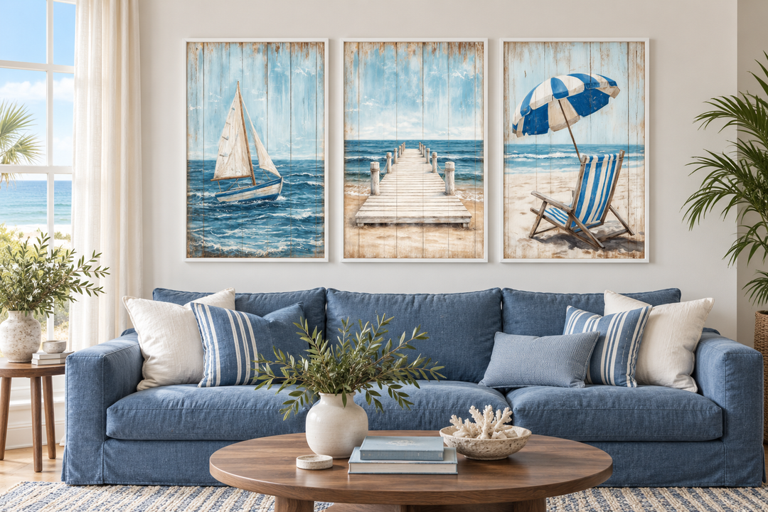 Coastal wall art set of 3 featuring a sailboat, wooden pier, and beach umbrella above a blue sofa.