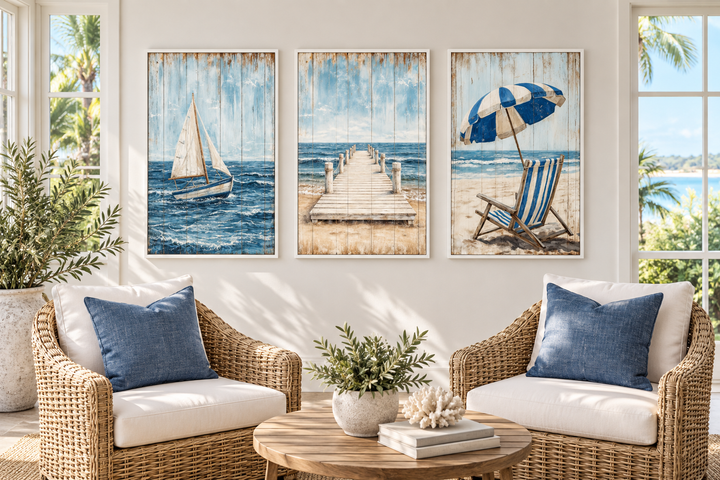 Set of 3 coastal wall art prints featuring a sailboat, a wooden pier, and a beach umbrella.