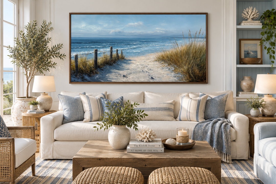 Horizontal coastal beach wall art featuring a sandy path to the ocean in blue and beige tones.