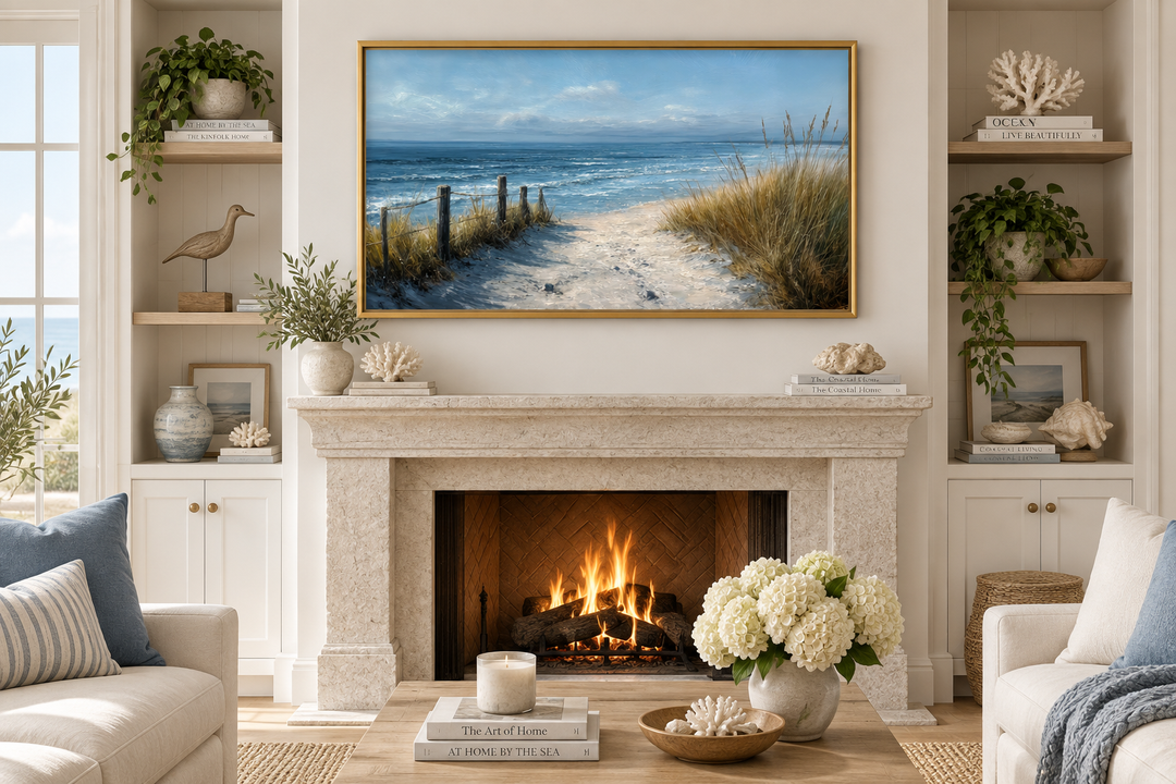 Horizontal coastal beach canvas print of a sandy path to the ocean above a fireplace.