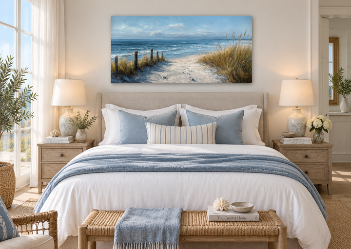 Coastal beach wall art canvas print featuring a sandy path to the ocean above a bed.