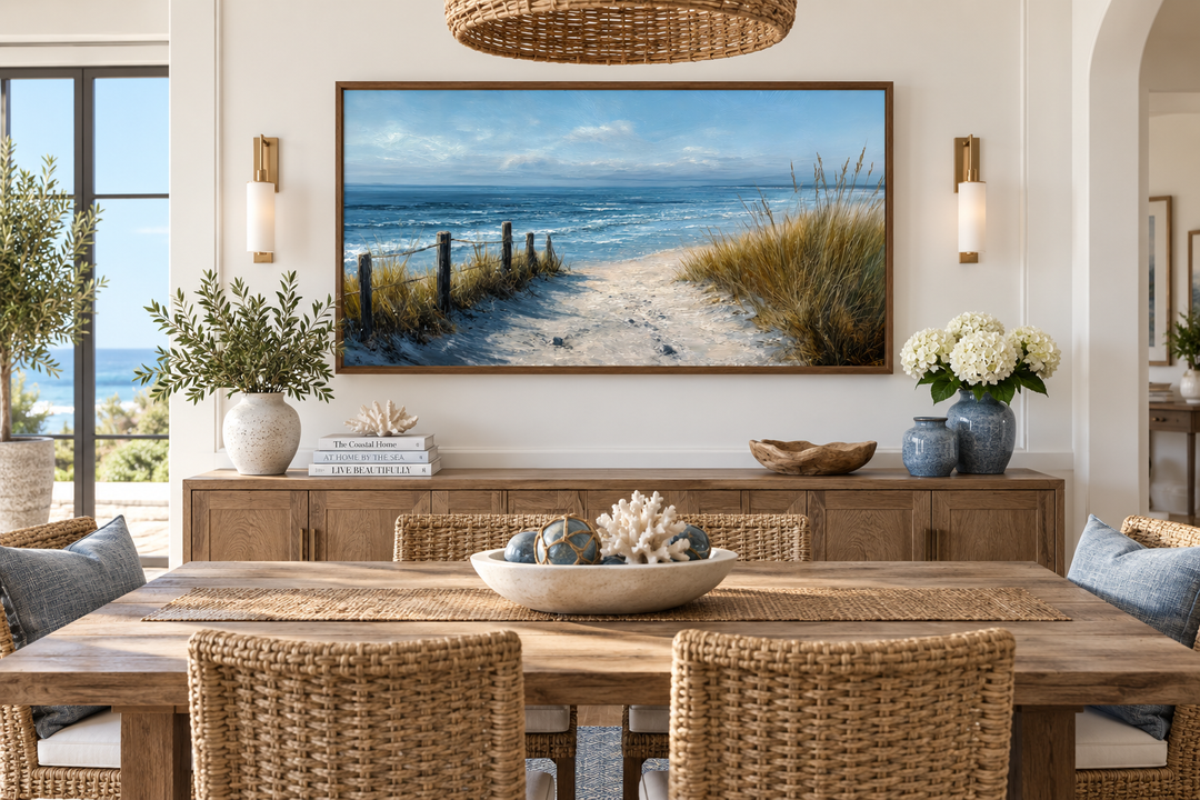 Coastal beach wall art featuring a sandy path to the ocean in blue and beige on a horizontal canvas.