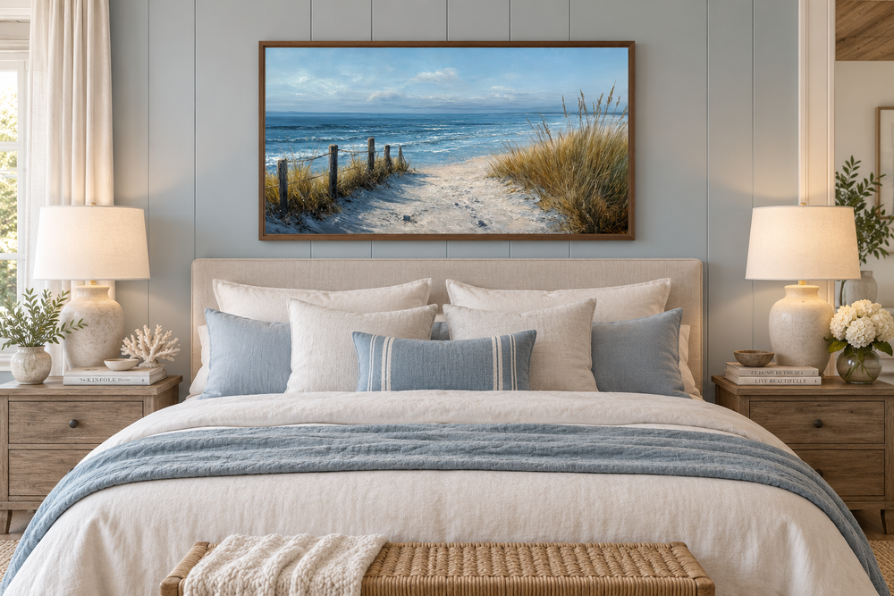 Horizontal coastal beach wall art featuring a sandy path to the ocean above a neutral-toned bed.