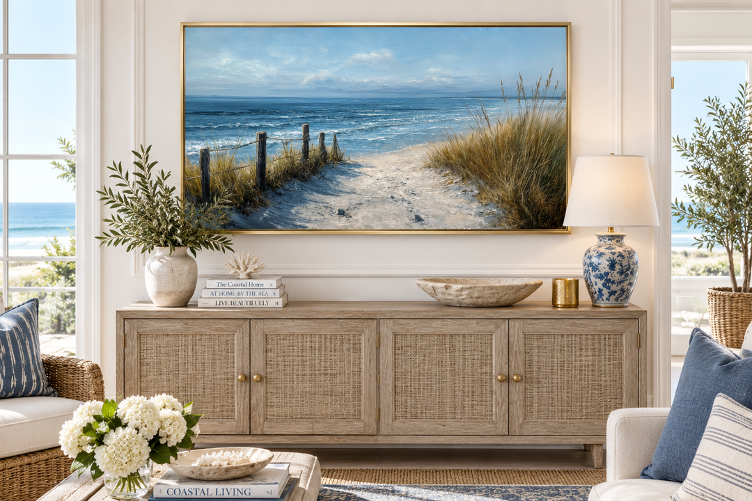 Horizontal coastal beach wall art with a path through dunes to the ocean in blue and beige tones.