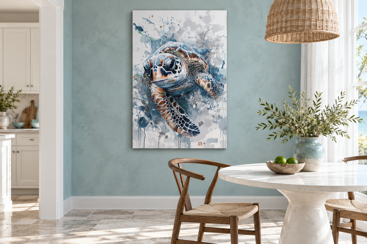 Blue sea turtle framed canvas wall art in a watercolor style hanging in a coastal dining room.