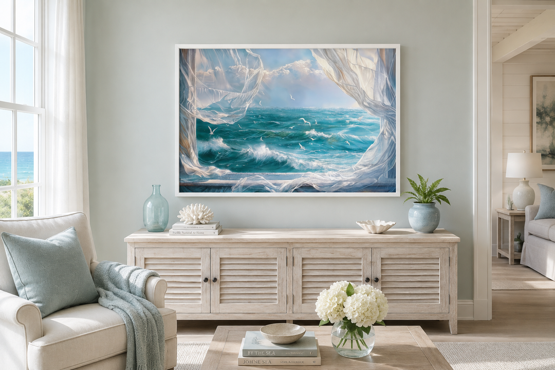 Ocean view from window framed canvas wall art with seagulls and white curtains in a coastal room.
