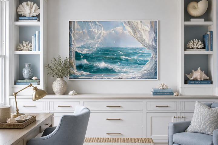 Ocean view framed canvas wall art with white curtains and seagulls above a white coastal sideboard.