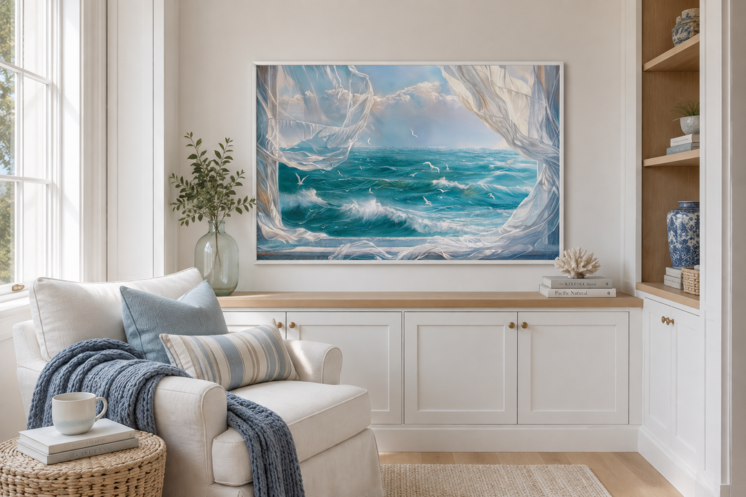 Ocean view from window framed canvas wall art with seagulls and white curtains in a coastal room.