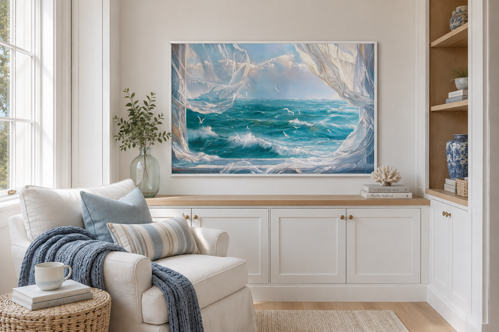 Ocean view from window framed canvas wall art with seagulls and white curtains in a coastal room.