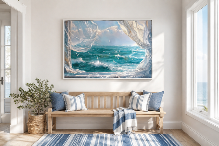 Ocean view from window with birds and curtains framed canvas wall art above a wooden bench.