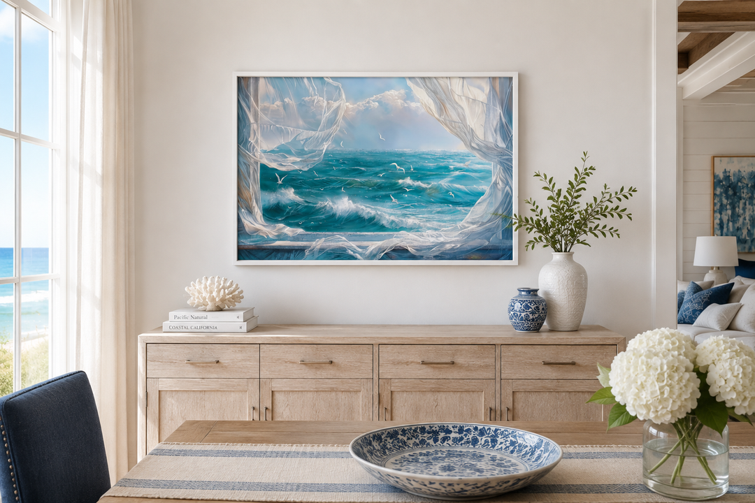Framed canvas wall art of an ocean view through a window with white curtains and seagulls.