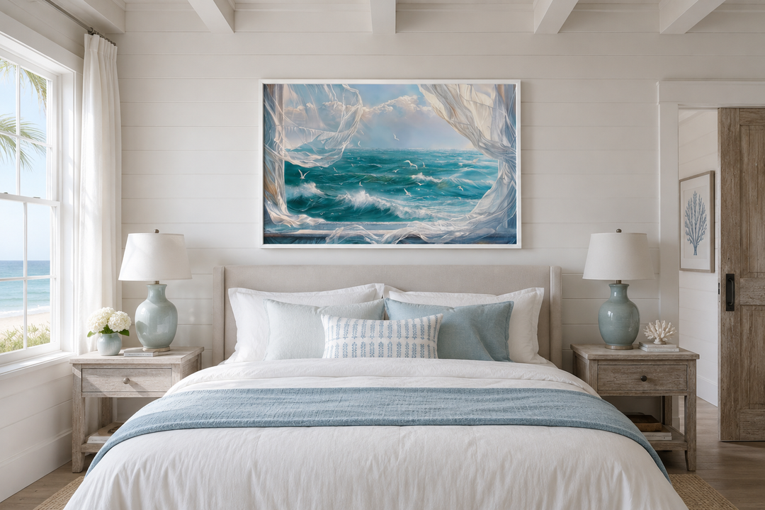 Ocean view from window framed canvas wall art with seagulls and white curtains above a bed.