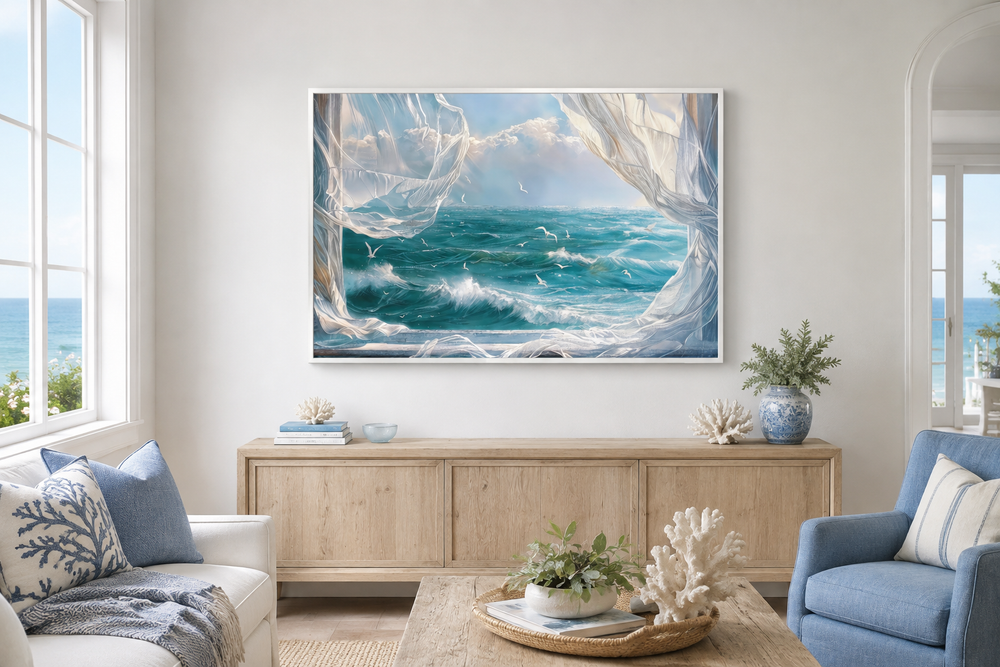 Ocean view framed canvas wall art with white curtains and seagulls in a coastal living room.