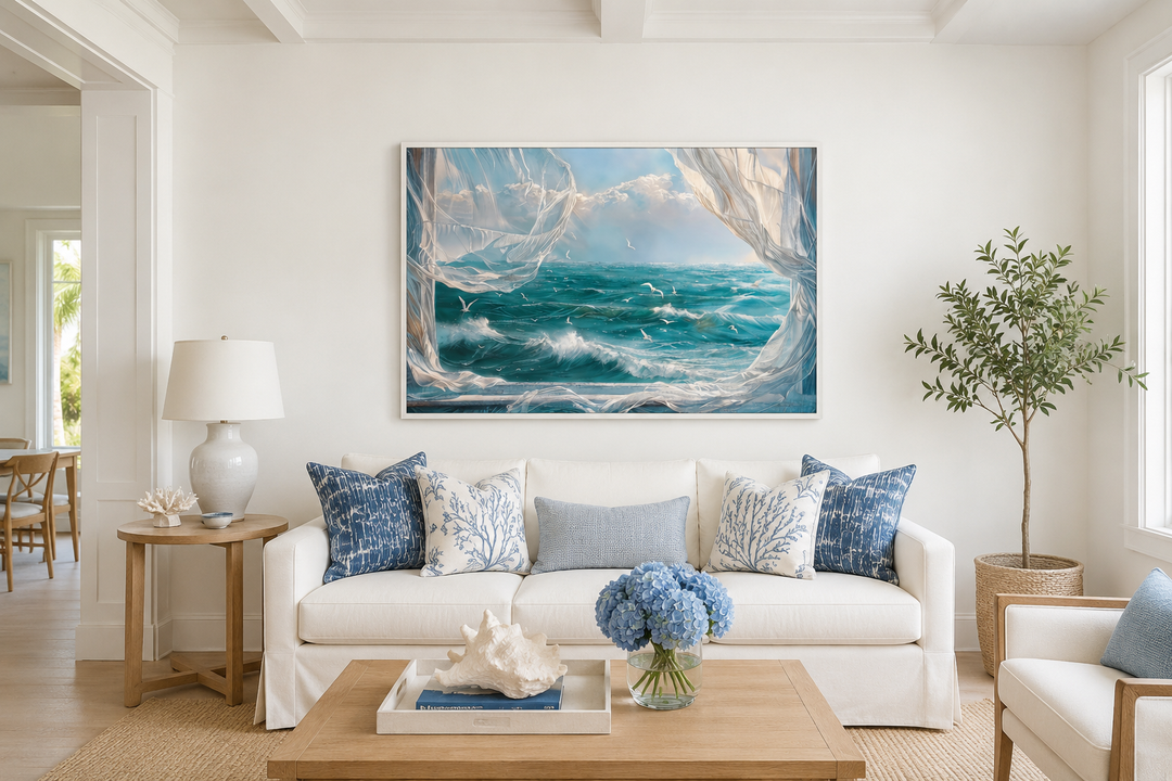 Ocean view framed canvas wall art with white curtains and seagulls above a white sofa.