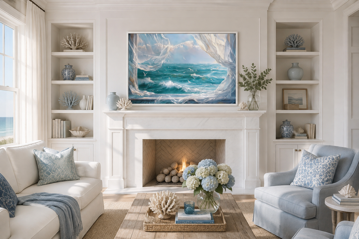 Framed canvas wall art of an ocean view through white curtains with seagulls over blue waves.