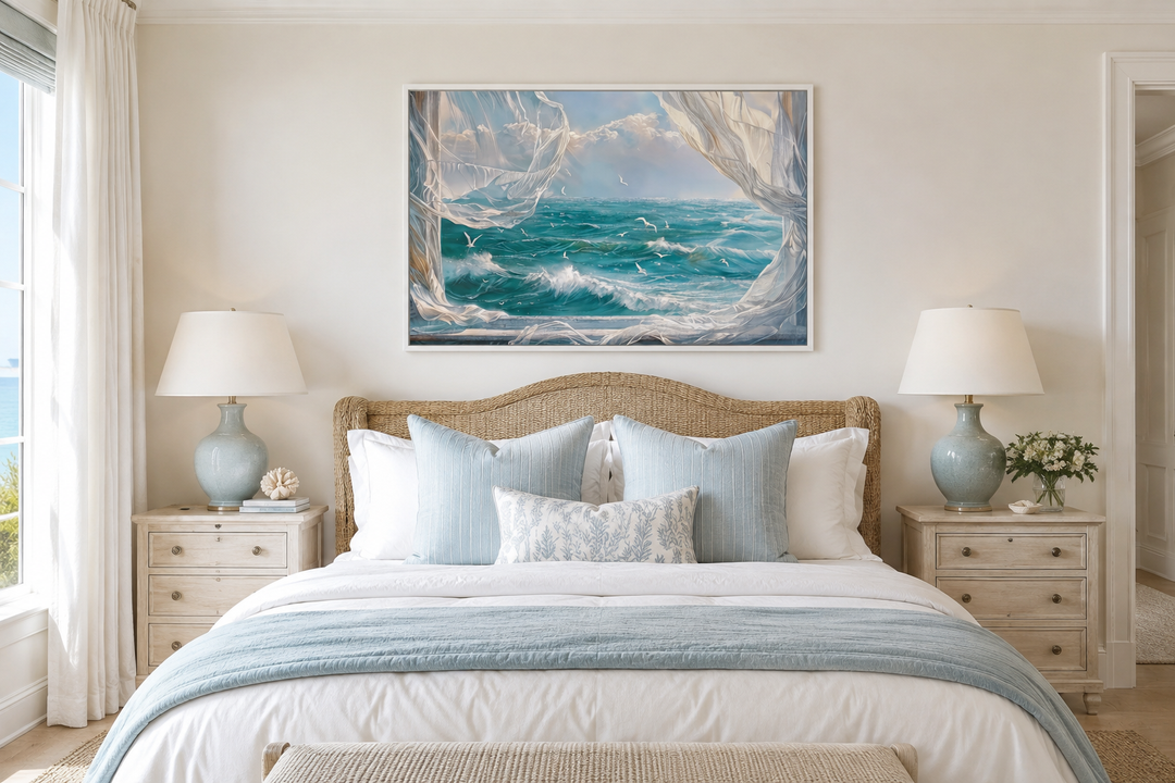 Ocean view from window framed canvas wall art with seagulls and curtains above a bed.
