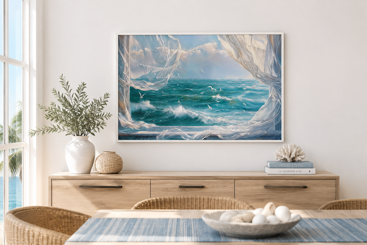 Ocean view framed canvas wall art with seagulls and white curtains above a wooden sideboard.