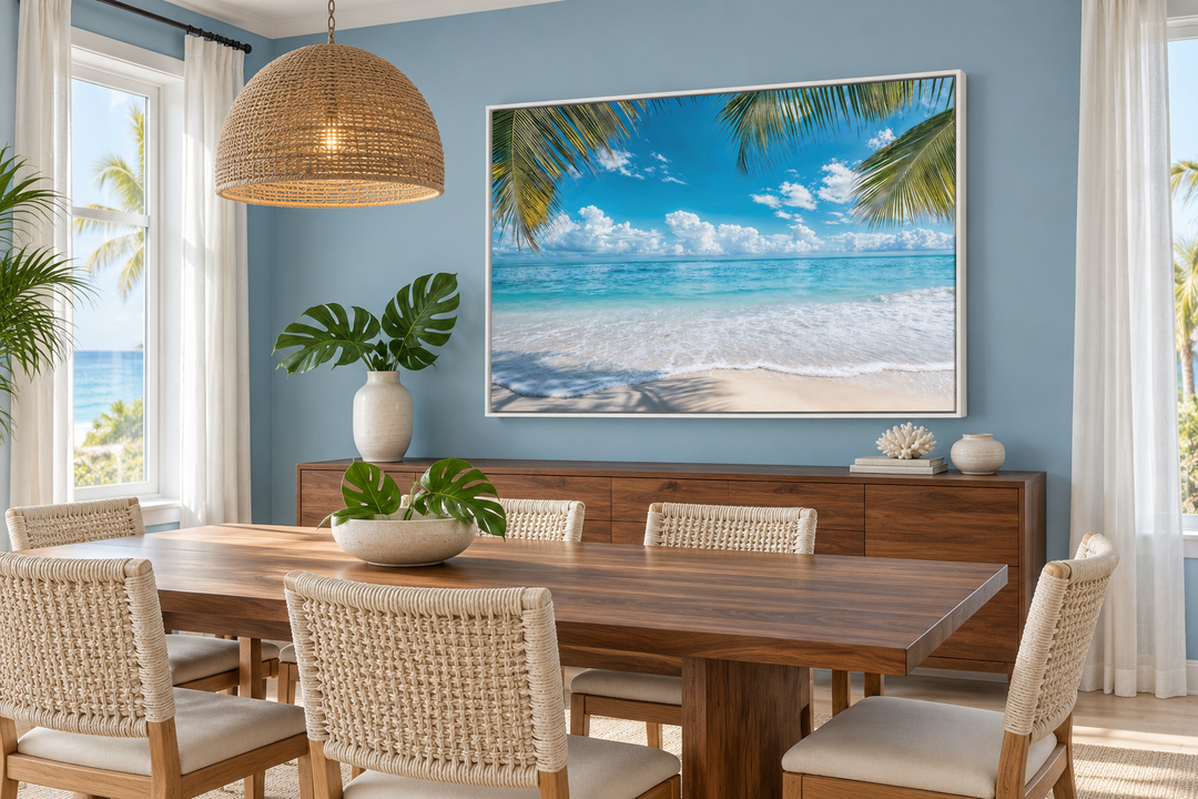 Tropical beach framed canvas wall art with palm trees, white sand, and turquoise ocean waves.