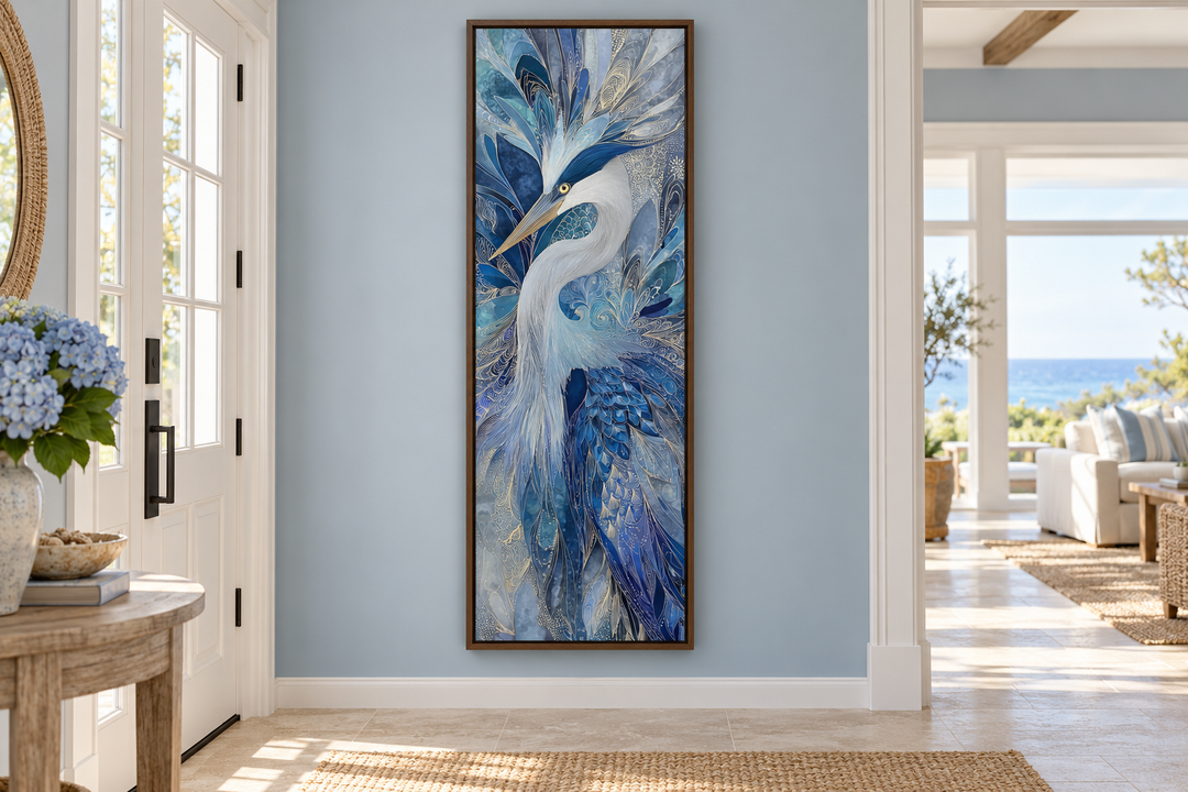 Vertical canvas print of an elegant blue heron with abstract textures in a modern coastal entryway.