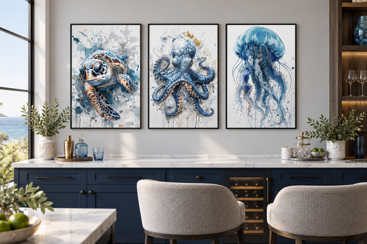 Three framed watercolor prints of a sea turtle, octopus, and jellyfish above a blue home bar.