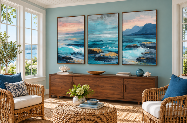 Coastal Ocean Set of 3 Canvas Wall Art featuring blue teal waves on a beach in walnut frames.