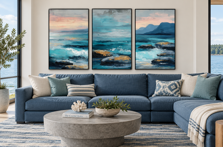 Coastal Ocean Set of 3 Canvas Wall Art featuring blue teal waves and rocks above a blue sectional.