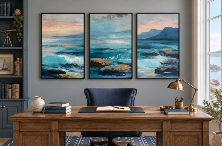 Coastal Ocean Set of 3 Canvas Wall Art featuring blue teal waves and rocks in black frames.