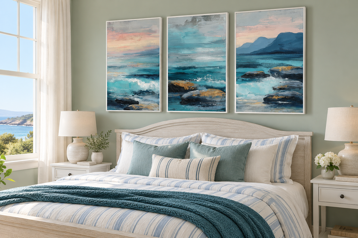Coastal Ocean Set of 3 Canvas Wall Art featuring blue teal waves and rocks in white frames.