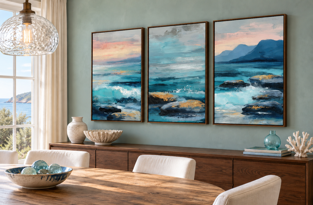 Coastal Ocean Set of 3 Canvas Wall Art featuring blue teal waves and rocks in walnut frames.
