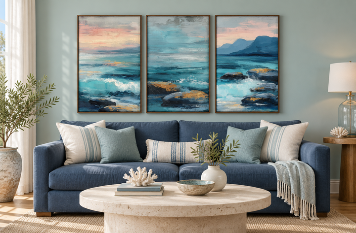 Coastal Ocean Set of 3 Canvas Wall Art featuring blue teal waves and rocks in a living room.