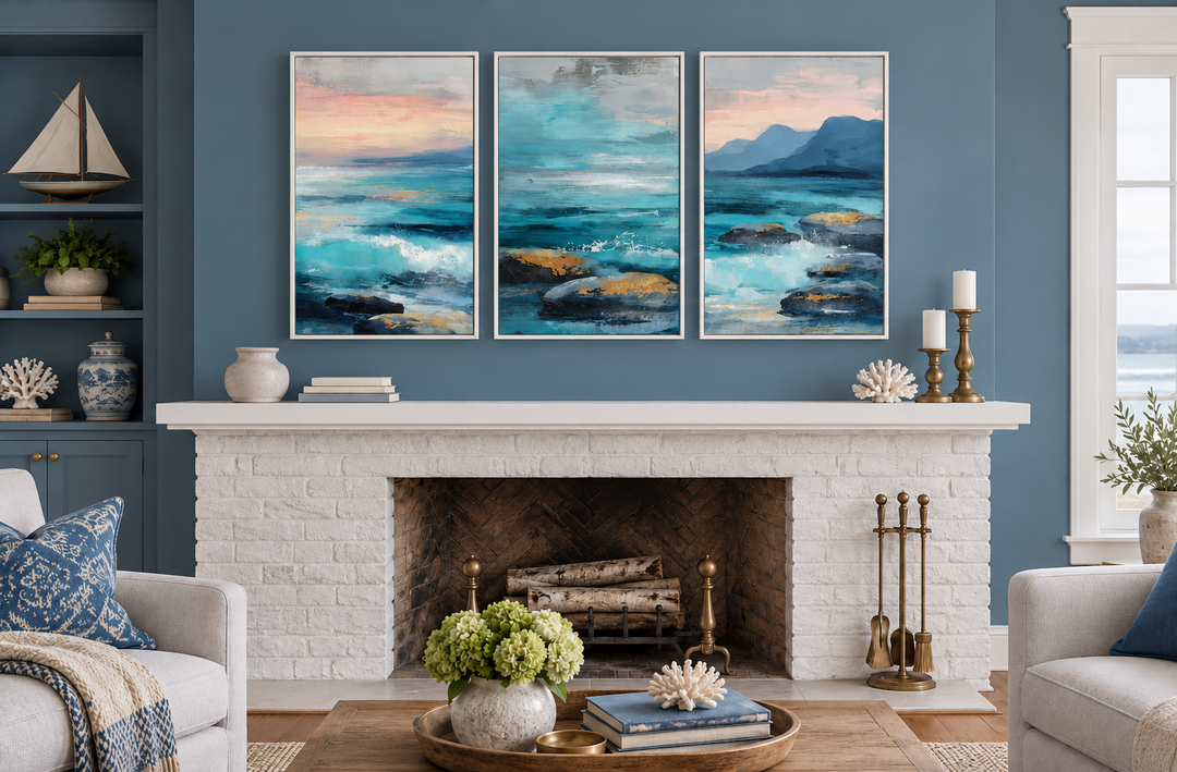 Coastal Ocean Set of 3 Canvas Wall Art featuring blue teal waves above a white brick fireplace.