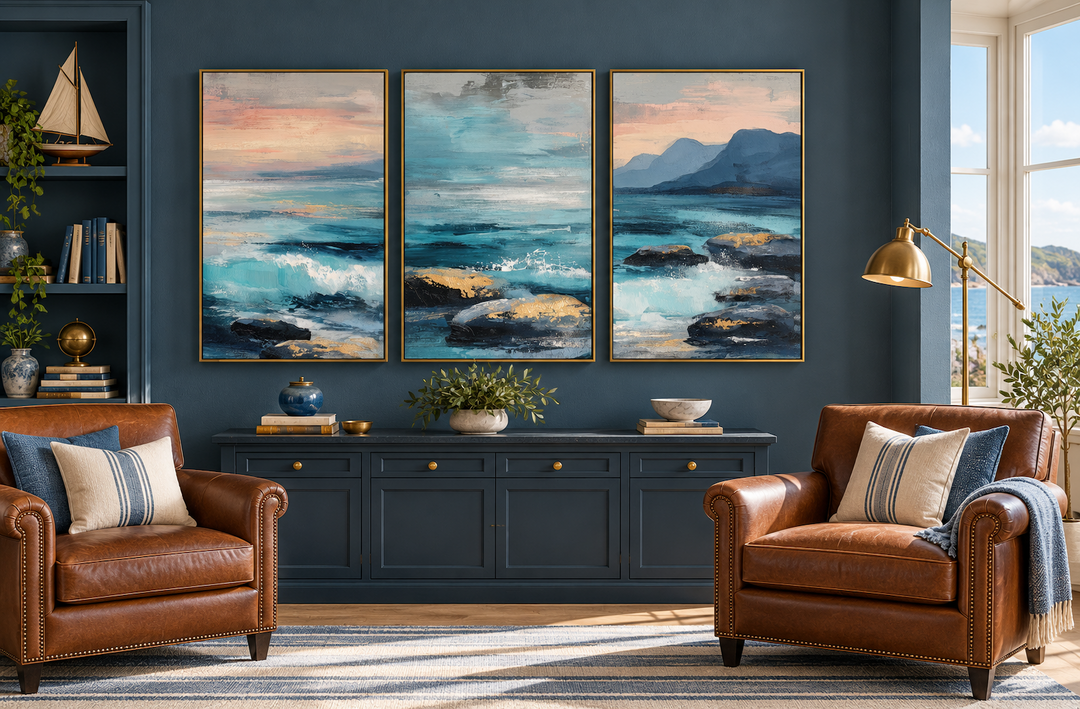 Coastal Ocean Set of 3 Canvas Wall Art featuring blue teal waves and rocks in gold frames.