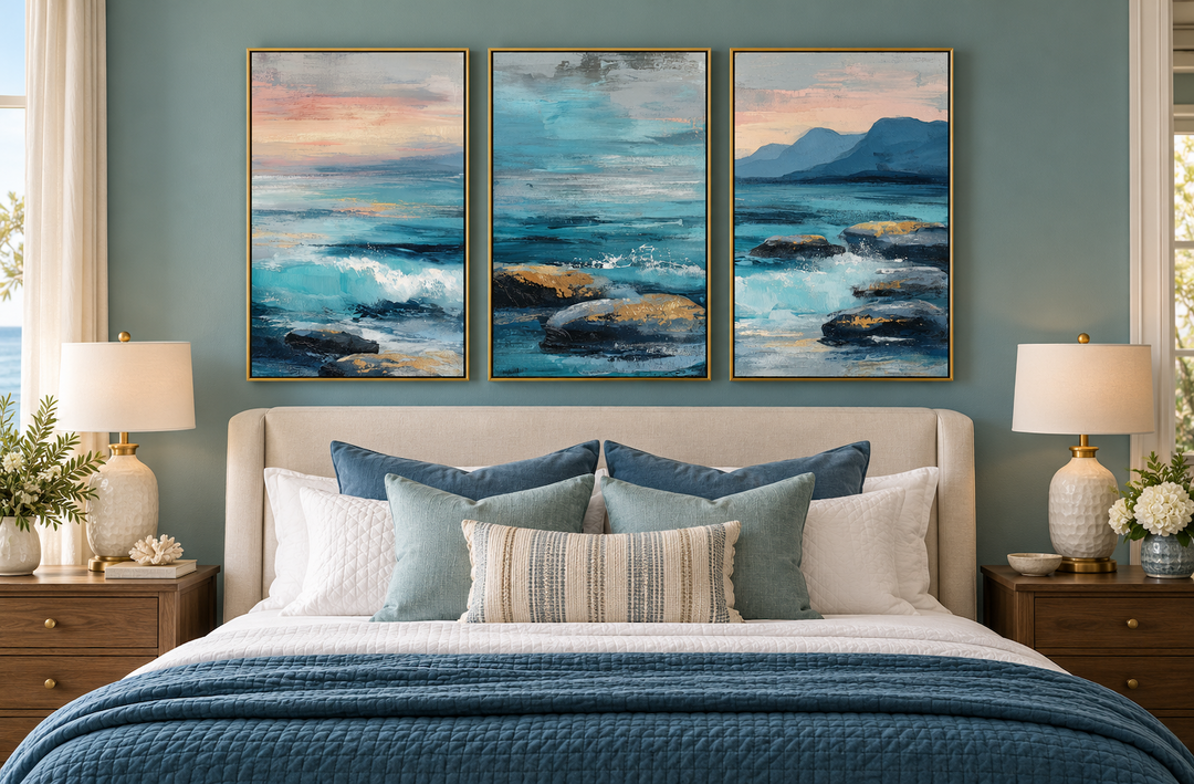 Coastal Ocean Set of 3 Canvas Wall Art featuring blue teal waves in gold frames above a bed.