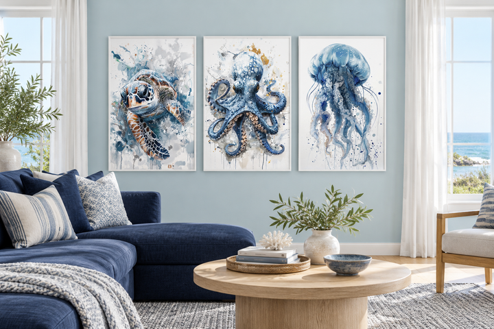 Three-piece marine animal wall art set featuring a blue octopus, sea turtle, and jellyfish.