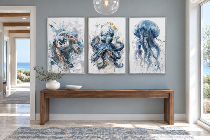 Three-piece marine animal wall art set featuring a sea turtle, octopus, and jellyfish in blue tones.