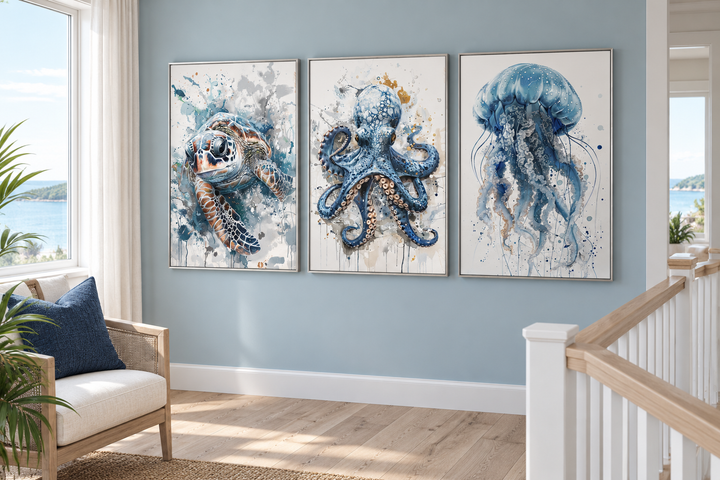 Three-piece marine animal wall art set featuring a sea turtle, octopus, and jellyfish in blue tones.